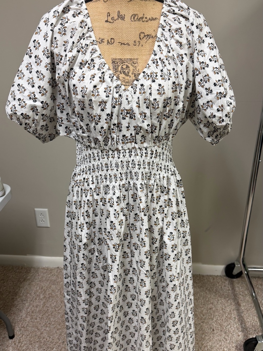 Ann Taylor White Floral V-Neck Smocked Midi Dress